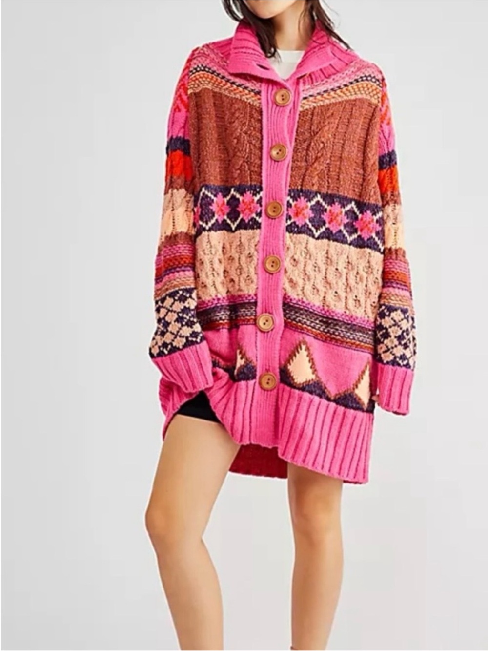 Free People Argyle Smile Cardigan Size Large Button Front Chunky Pink Punch